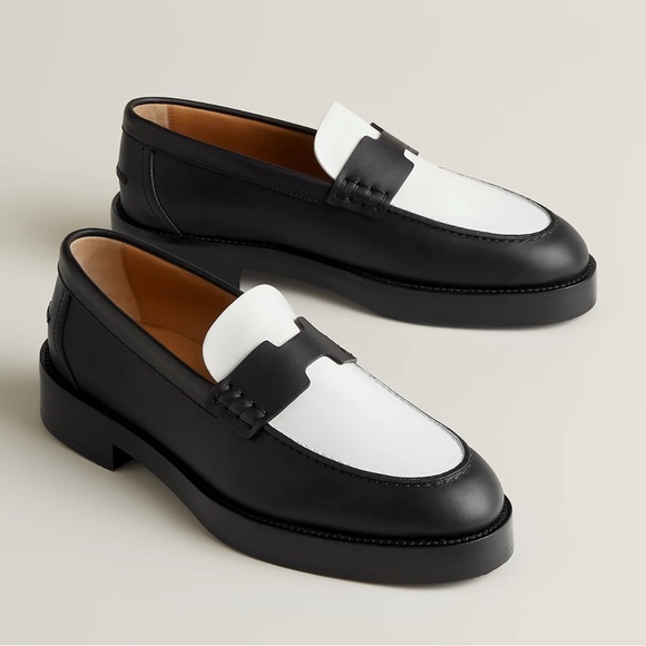 Hermes H Hour Loafer in Black and White Leather Size 38 - Picture 1 of 11